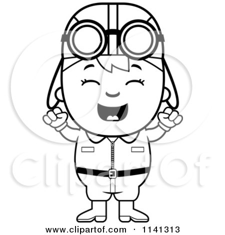 Cartoon Clipart Of A Black And White Happy Aviator Pilot Boy Cheering - Vector Outlined Coloring Page by Cory Thoman