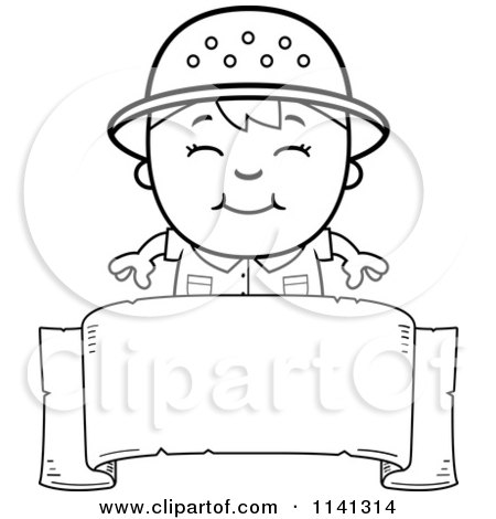 Cartoon Clipart Of A Black And White Happy Safari Boy Over A Blank Banner - Vector Outlined Coloring Page by Cory Thoman