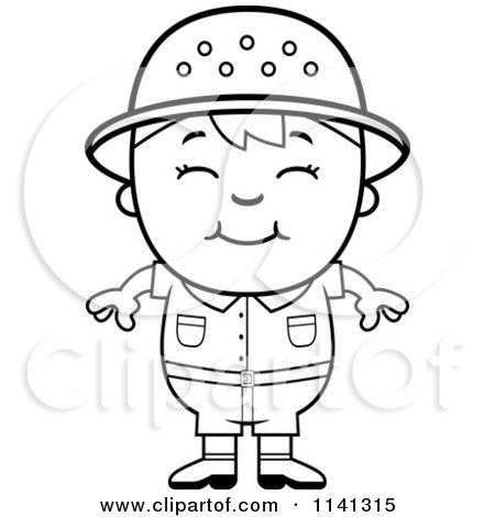 Cartoon Clipart Of A Black And White Happy Safari Boy - Vector Outlined Coloring Page by Cory Thoman