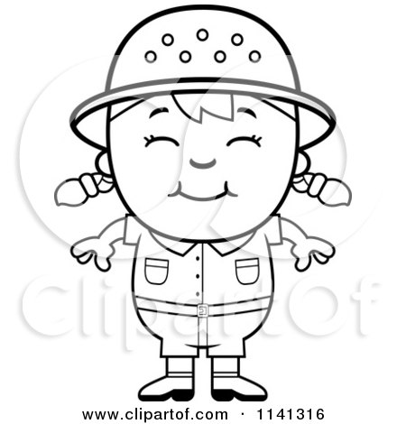 Cartoon Clipart Of A Black And White Happy Safari Girl - Vector Outlined Coloring Page by Cory Thoman