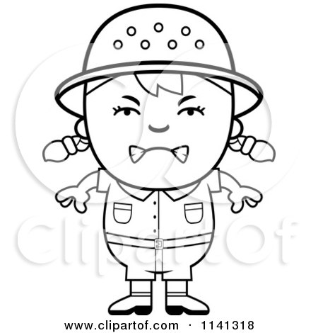 Cartoon Clipart Of A Black And White Angry Safari Girl - Vector Outlined Coloring Page by Cory Thoman