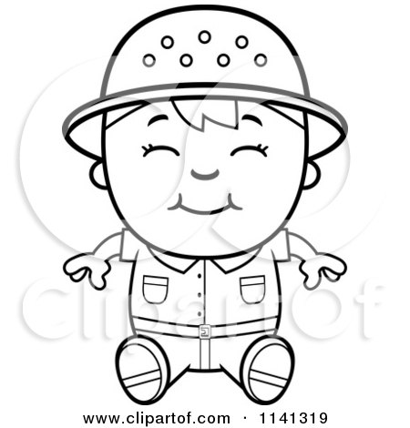 Cartoon Clipart Of A Black And White Happy Safari Boy Sitting - Vector Outlined Coloring Page by Cory Thoman