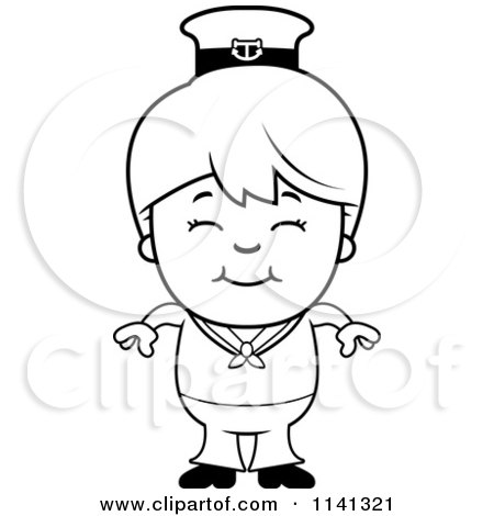 Cartoon Clipart Of A Black And White Happy Sailor Boy - Vector Outlined Coloring Page by Cory Thoman
