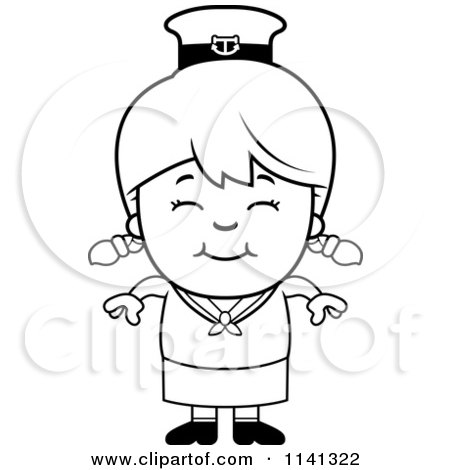 Cartoon Clipart Of A Black And White Happy Sailor Girl - Vector Outlined Coloring Page by Cory Thoman