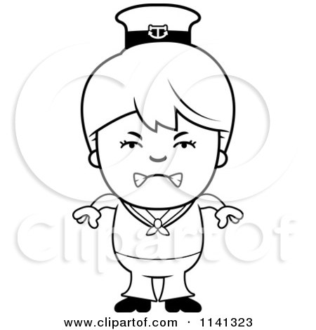 Cartoon Clipart Of A Black And White Angry Sailor Boy - Vector Outlined Coloring Page by Cory Thoman