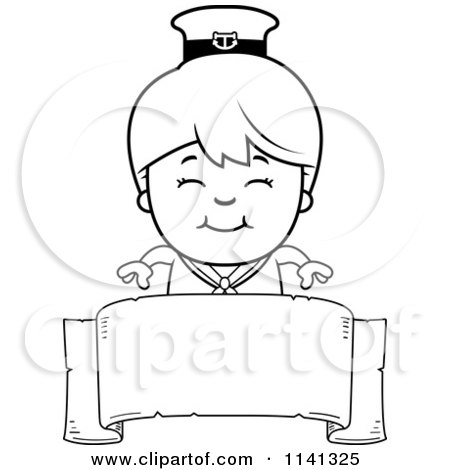 Cartoon Clipart Of A Black And White Happy Sailor Boy Over A Banner Sign - Vector Outlined Coloring Page by Cory Thoman