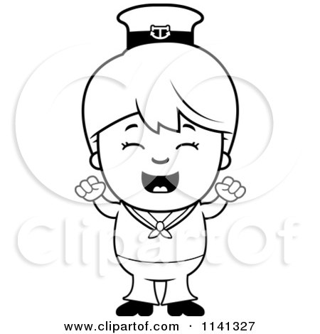 Cartoon Clipart Of A Black And White Happy Sailor Boy Cheering - Vector Outlined Coloring Page by Cory Thoman