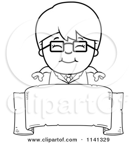 Cartoon Clipart Of A Black And White Happy Scientist Boy Over A Banner - Vector Outlined Coloring Page by Cory Thoman