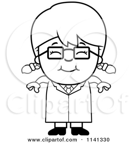Cartoon Clipart Of A Black And White Happy Scientist Girl - Vector Outlined Coloring Page by Cory Thoman