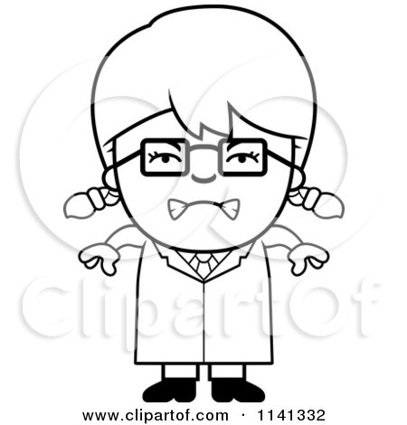 Cartoon Clipart Of A Black And White Angry Scientist Girl - Vector Outlined Coloring Page by Cory Thoman
