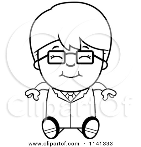 Cartoon Clipart Of A Black And White Happy Scientist Boy Sitting - Vector Outlined Coloring Page by Cory Thoman