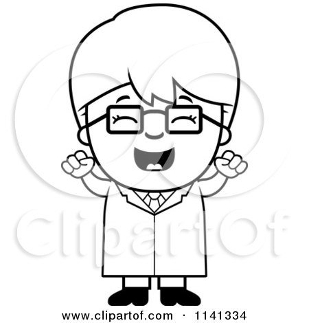 Cartoon Clipart Of A Black And White Happy Scientist Boy Cheering - Vector Outlined Coloring Page by Cory Thoman