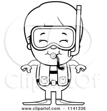 Cartoon Clipart Of A Black And White Happy Scuba Boy - Vector Outlined Coloring Page by Cory Thoman