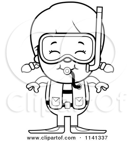 Cartoon Clipart Of A Black And White Happy Scuba Girl - Vector Outlined Coloring Page by Cory Thoman