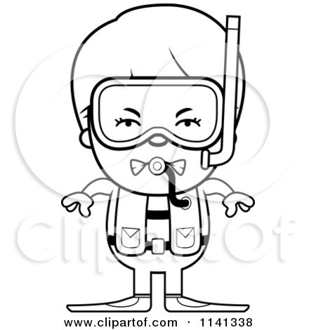 Cartoon Clipart Of A Black And White Angry Scuba Boy - Vector Outlined Coloring Page by Cory Thoman