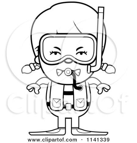 Cartoon Clipart Of A Black And White Angry Scuba Girl - Vector Outlined Coloring Page by Cory Thoman