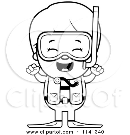 Cartoon Clipart Of A Black And White Happy Scuba Boy Cheering - Vector Outlined Coloring Page by Cory Thoman