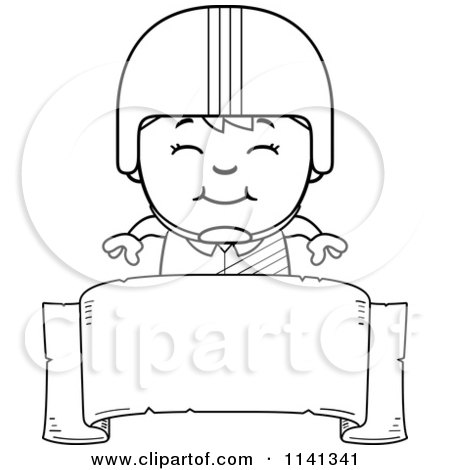 Cartoon Clipart Of A Black And White Happy Daredevil Stunt Boy Over A Banner Sign - Vector Outlined Coloring Page by Cory Thoman