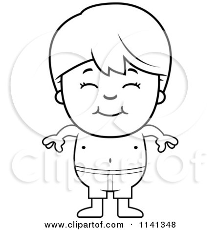 Cartoon Clipart Of A Black And White Happy Boy In Swim Trunks - Vector Outlined Coloring Page by Cory Thoman