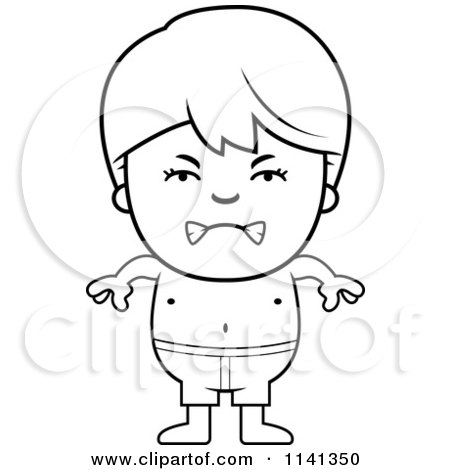 Cartoon Clipart Of A Black And White Angry Boy In Swim Trunks - Vector Outlined Coloring Page by Cory Thoman
