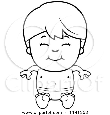 Cartoon Clipart Of A Black And White Happy Boy Sitting In Swim Trunks - Vector Outlined Coloring Page by Cory Thoman