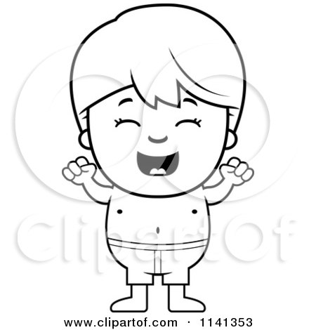 Cartoon Clipart Of A Black And White Cheering Boy In Swim Trunks - Vector Outlined Coloring Page by Cory Thoman