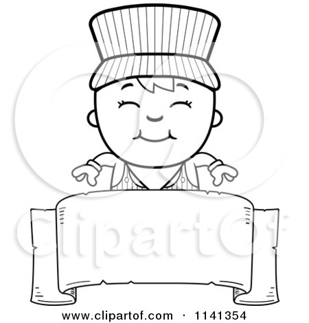 Cartoon Clipart Of A Black And White Happy Train Engineer Boy Over A Blank Banner - Vector Outlined Coloring Page by Cory Thoman