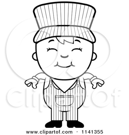 Cartoon Clipart Of A Black And White Happy Train Engineer Boy - Vector Outlined Coloring Page by Cory Thoman
