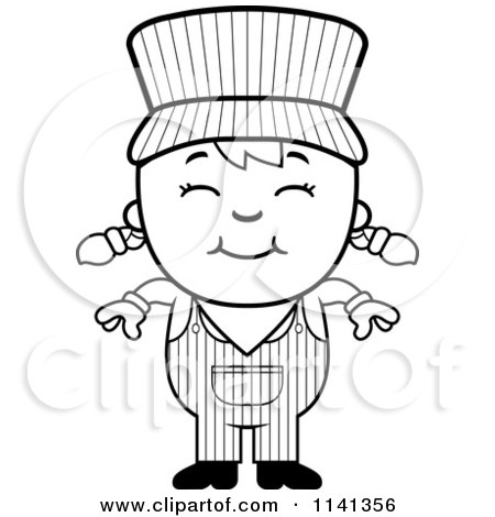Cartoon Clipart Of A Black And White Happy Train Engineer Girl - Vector Outlined Coloring Page by Cory Thoman