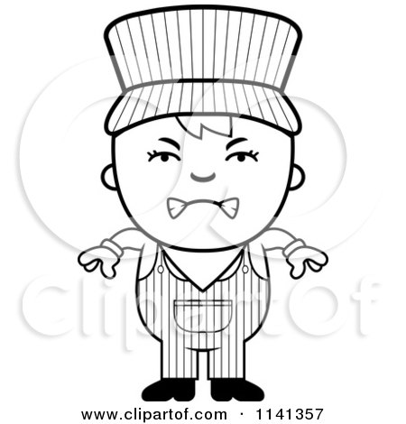 Cartoon Clipart Of A Black And White Angry Train Engineer Boy - Vector Outlined Coloring Page by Cory Thoman