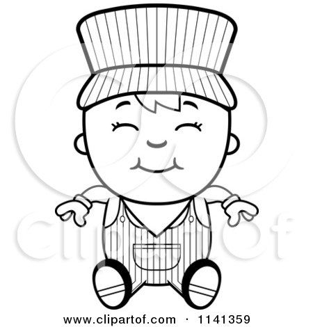 Cartoon Clipart Of A Black And White Happy Train Engineer Boy Sitting - Vector Outlined Coloring Page by Cory Thoman