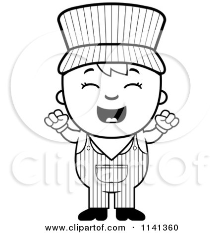 Cartoon Clipart Of A Black And White Happy Train Engineer Boy Cheering - Vector Outlined Coloring Page by Cory Thoman