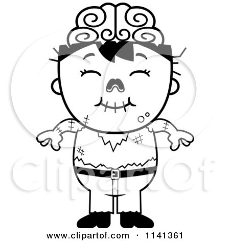 Cartoon Clipart Of A Black And White Happy Zombie Boy - Vector Outlined Coloring Page by Cory Thoman