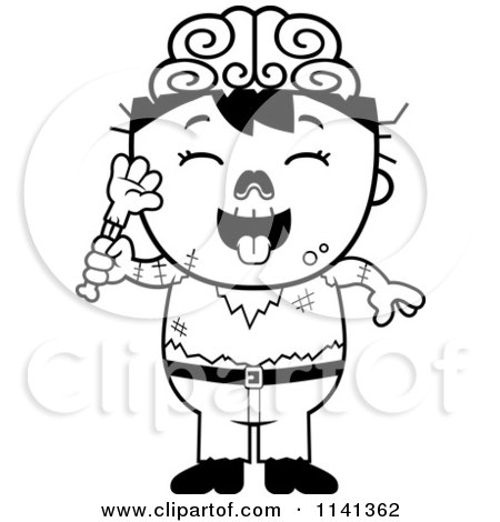 Cartoon Clipart Of A Black And White Zombie Boy Eating A Hand - Vector Outlined Coloring Page by Cory Thoman