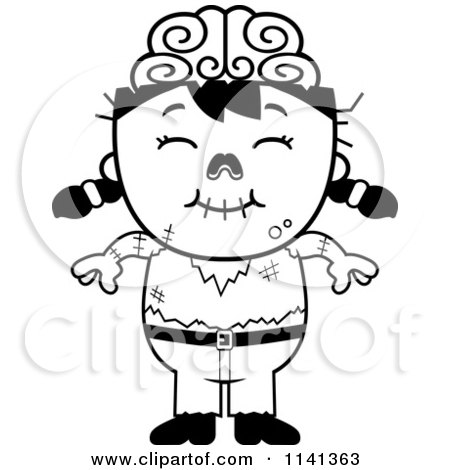 Cartoon Clipart Of A Black And White Happy Zombie Girl - Vector Outlined Coloring Page by Cory Thoman