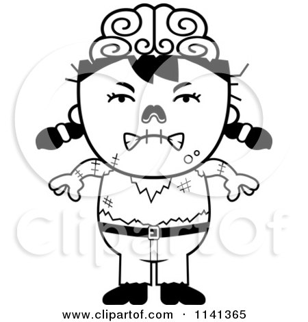Cartoon Clipart Of A Black And White Angry Zombie Girl - Vector Outlined Coloring Page by Cory Thoman