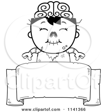 Cartoon Clipart Of A Black And White Happy Zombie Boy Over A Banner Sign - Vector Outlined Coloring Page by Cory Thoman