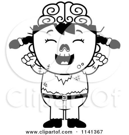 Cartoon Clipart Of A Black And White Happy Zombie Girl Cheering - Vector Outlined Coloring Page by Cory Thoman