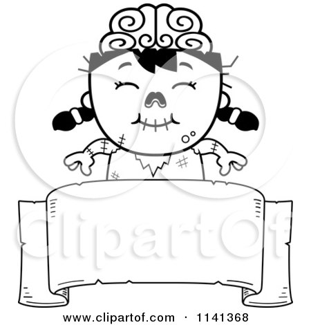 Cartoon Clipart Of A Black And White Happy Zombie Girl Over A Banner Sign - Vector Outlined Coloring Page by Cory Thoman