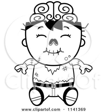 Cartoon Clipart Of A Black And White Happy Zombie Boy Sitting - Vector Outlined Coloring Page by Cory Thoman