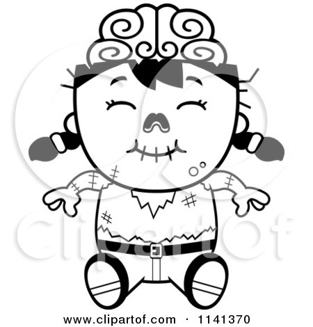 Cartoon Clipart Of A Black And White Happy Zombie Girl Sitting - Vector Outlined Coloring Page by Cory Thoman