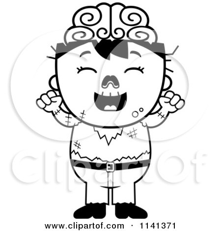 Cartoon Clipart Of A Black And White Happy Zombie Boy Cheering - Vector Outlined Coloring Page by Cory Thoman