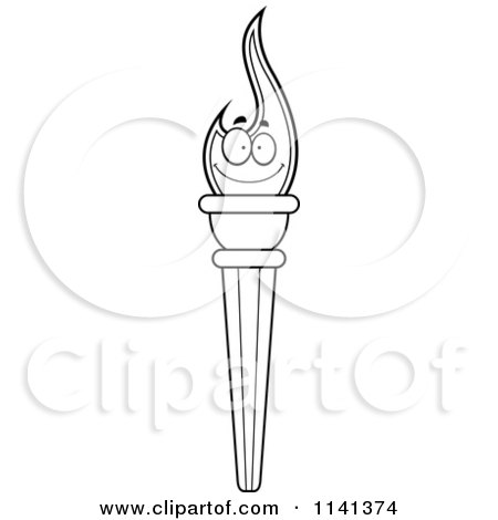 Cartoon Clipart Of A Black And White Happy Olympic Torch - Vector Outlined Coloring Page by Cory Thoman