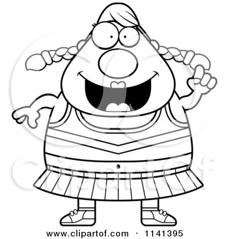 Cartoon Clipart Of A Black And White Chubby Cheerleader With An Idea - Vector Outlined Coloring Page by Cory Thoman