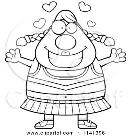 Cartoon Clipart Of A Black And White Chubby Cheerleader With Open Arms - Vector Outlined Coloring Page by Cory Thoman