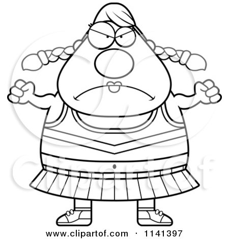 Cartoon Clipart Of A Black And White Chubby Angry Cheerleader - Vector Outlined Coloring Page by Cory Thoman