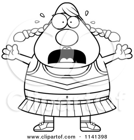 Cartoon Clipart Of A Black And White Chubby Stressed Cheerleader - Vector Outlined Coloring Page by Cory Thoman