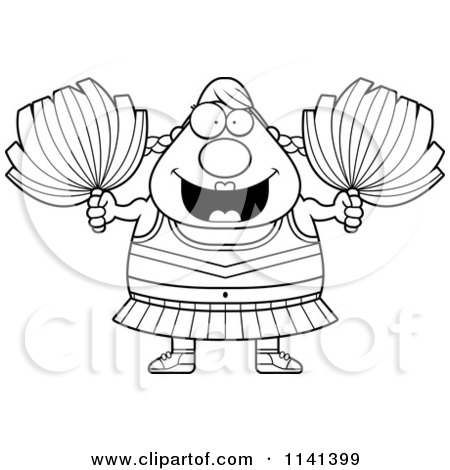Cartoon Clipart Of A Black And White Chubby Cheerleader - Vector Outlined Coloring Page by Cory Thoman