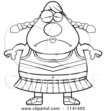 Cartoon Clipart Of A Black And White Chubby Depressed Cheerleader - Vector Outlined Coloring Page by Cory Thoman