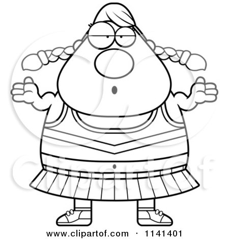 Cartoon Clipart Of A Black And White Shrugging Careless Chubby Cheerleader - Vector Outlined Coloring Page by Cory Thoman